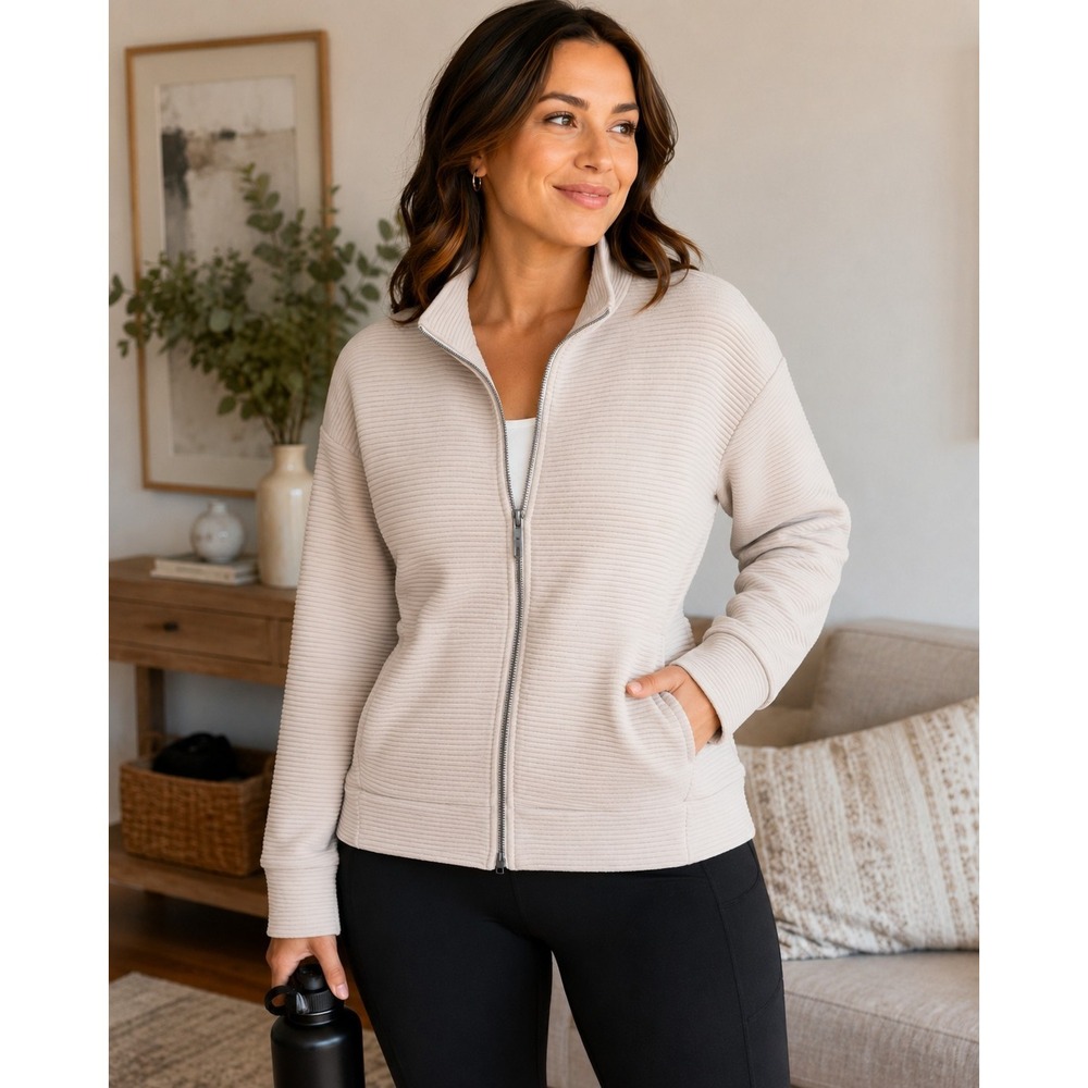RBX Live Life Active Jacket Womens Medium Ribbed Zip-Up Pockets Cream Athleisure